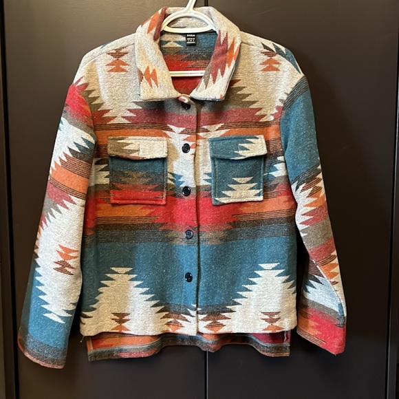 NWOT SHEIN Lune Multicolour Geo Print Drop Shoulder Flap Pocket Overcoat Size S - Picture 13 of 15